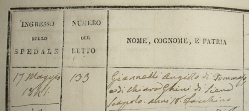 Il suo ricovero allo spedale di Siena nel maggio 1841