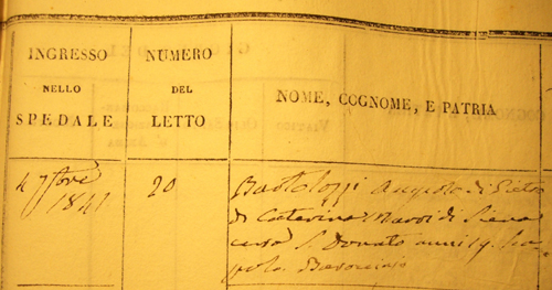 Il suo ricovero allo spedale di Siena avvenuto il 4 settembre 1851