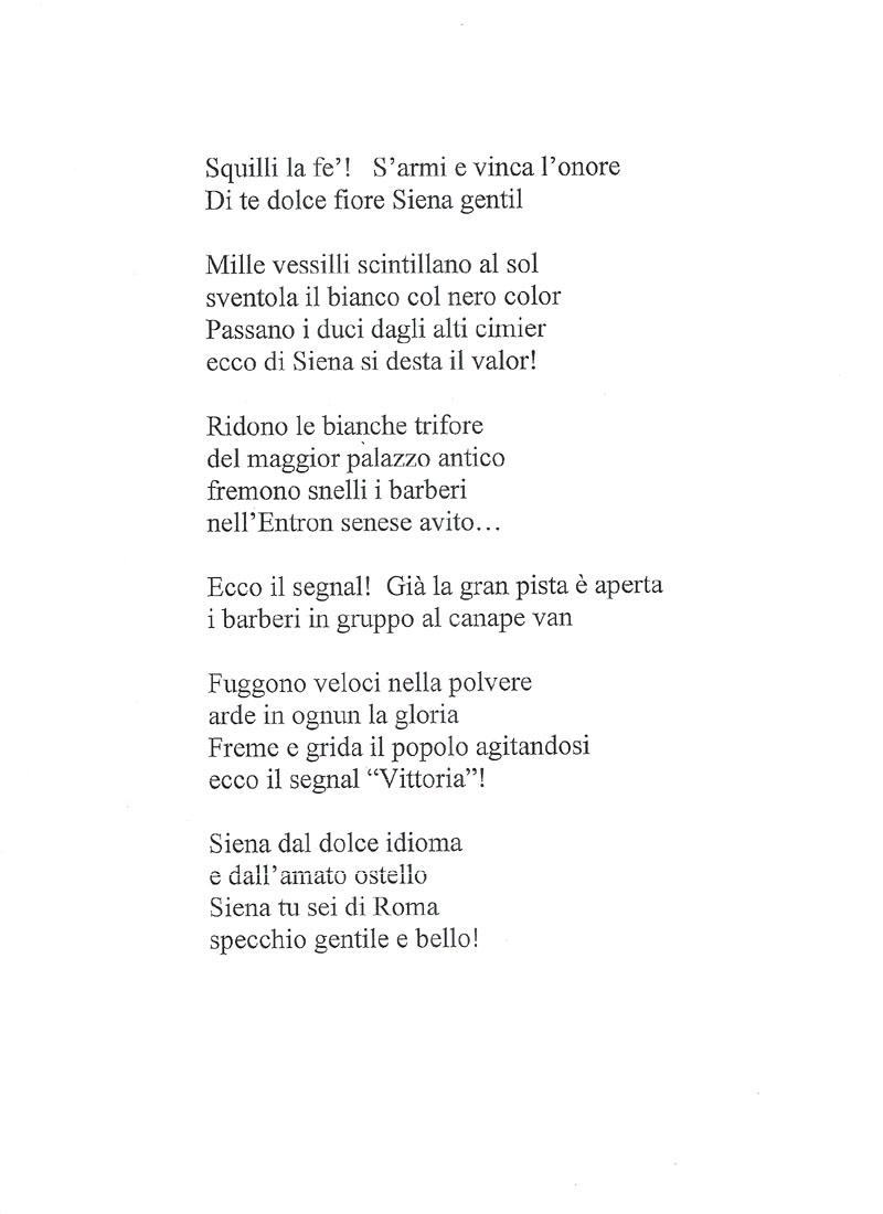 Il testo della Marcia del Palio di Siena