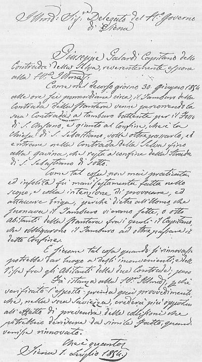 Lettera dell'allora Capitano della Selva al Delegato del Governo di Siena gentilmente concessa dalla redazione del Grattapassere agli autori dei libri