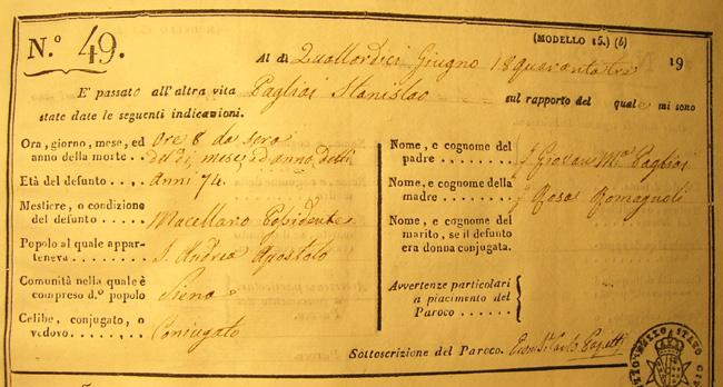 Siena, Parrocchia di S.Andrea -Ceritficato di morte di Stanislao Pagliai